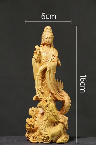 Vista 2 de Estatua de Quan Yin de pie en dragón, Kwan Yin Misericordia Diosa china Feng Shui escultura tallada a mano boj femenino Buda Budista Decoración