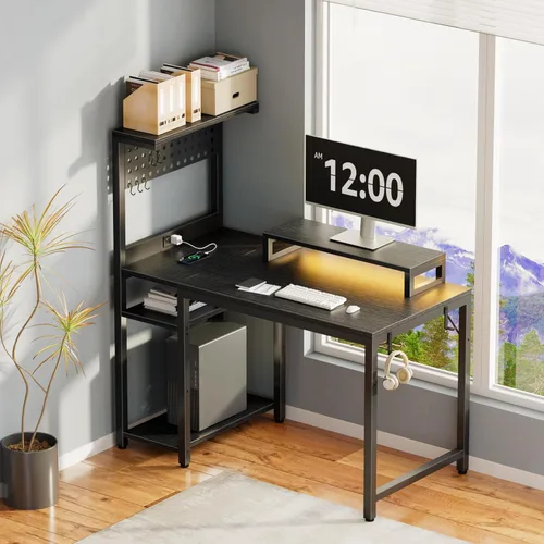 Vista 9 de Escritorio pequeño para juegos de 40 pulgadas con estantes de tablero de clavijas, escritorios para computadora con luces LED, tomas de corriente