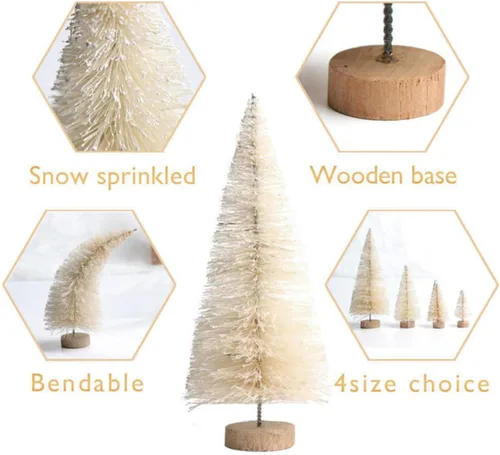 Vista 3 de 8 mini árboles de Navidad artificiales, árboles de cepillo de botella con base de madera, árbol de Navidad artificial de sisal escarchado, mini Beige