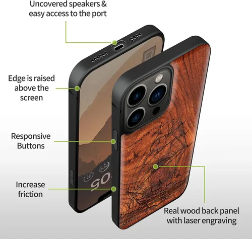 Vista 7 de Carveit Funda magnética de madera para iPhone 13 Pro [madera natural y TPU suave negro] a prueba de golpes, funda de madera única compatible