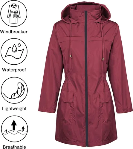 Vista 4 de Zando Chaquetas de lluvia para mujer, abrigos impermeables para mujer, chaqueta rompevientos con capucha para mujer