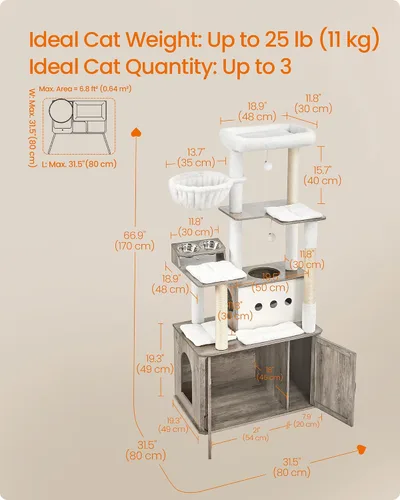 Vista 5 de Feandrea Árbol para gatos, torre para gatos de 66.9 pulgadas con caja de arena, condominio grande con estación de alimentos, almacenamiento, postes