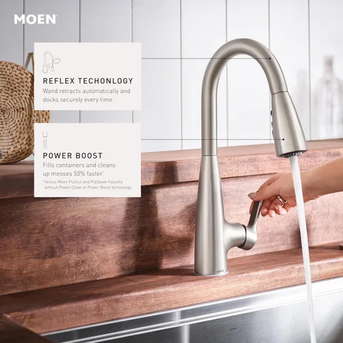 Vista 5 de Moen Haelyn - Grifo de cocina monocontrol con rociador extraíble cromado con potencia para una limpieza más rápida, dispensador de jabón incluido