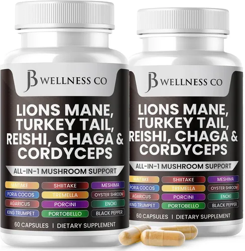 Vista 10 de JB Wellness Co Suplemento de melena de león, apoyo cognitivo, salud inmunológica con cola de pavo 20 en 1, hongo Reishi Cordyceps Chaga con raíz