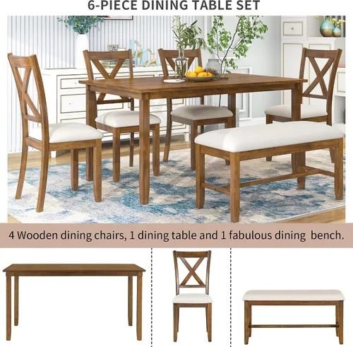 Vista 8 de Harper & Bright Designs Juego de mesa de comedor de 6 piezas, juego de mesa de comedor con mesa de comedor rectangular de madera, 4 sillas