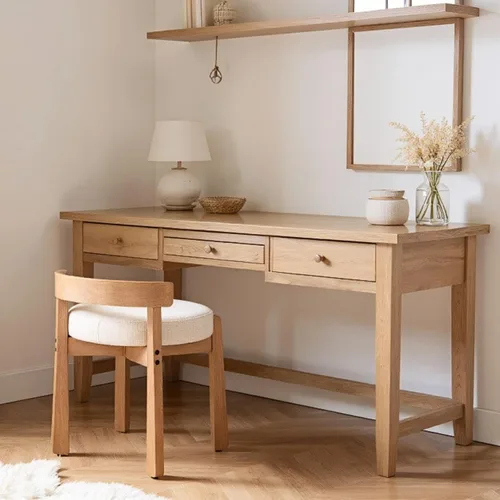 Vista 6 de HEAH-YO - Silla de tocador de madera con respaldo, pequeño taburete con reposapiés tapizado en lino, silla de maquillaje de estilo moderno