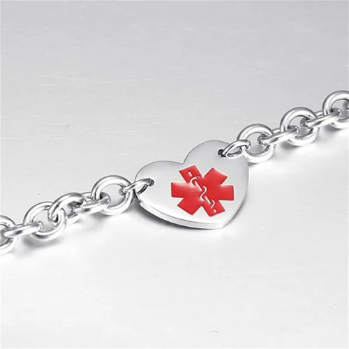 Vista 4 de LF - Pulsera de acero inoxidable 316L DNR grabada con alerta médica con dije de corazón, cadena Rolo, pulsera de identificación médica, monitoreo