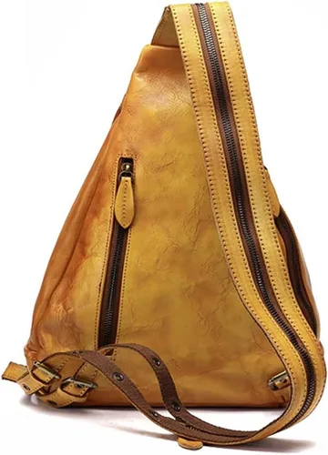 Vista 4 de Bolso bandolera de cuero genuino para mujeres y hombres, mochila vintage hecha a mano en el pecho, mochila casual cruzada para el hombro