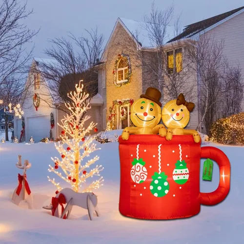 Vista 5 de Poptrend - Decoración inflable de Navidad de 6 pies, muñeco de jengibre con luces LED de Navidad, extravagante, divertida y colorida