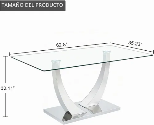 Vista 2 de Mesa de comedor moderna de vidrio de 63 pulgadas para 4-6, mesa de comedor rectangular de vidrio con vidrio templado de 0.39 pulgadas y base