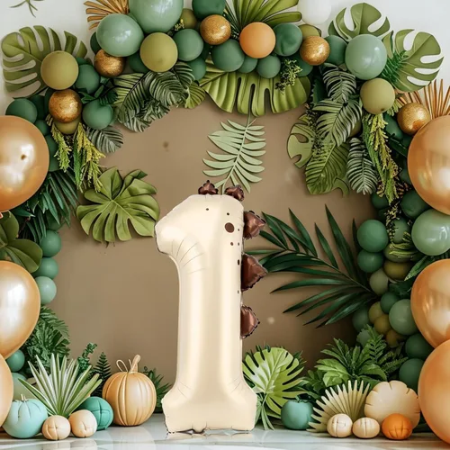 Vista 2 de Globo de dinosaurio número 1, globo de aluminio beige de 30 pulgadas para decoración de fiesta de cumpleaños de 1º cumpleaños de la selva