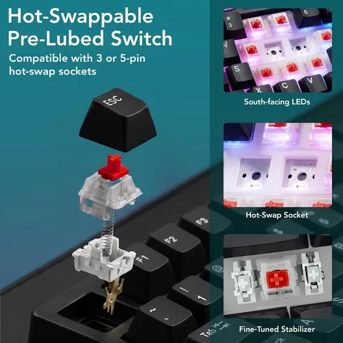 Vista 4 de TECWARE Teclado mecánico para juegos Spectre 75 Pantalla LCD personalizable y perilla Bluetooth inalámbrico de tres modos de 2.4 GHz Montaje