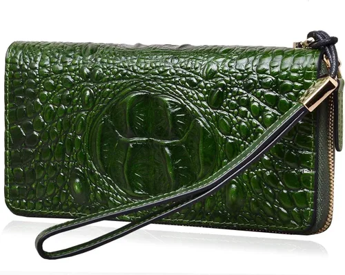 Vista 3 de PIJUSHI Billetera de piel de cocodrilo para mujer, bolso de mano, 1058 Croco Verde