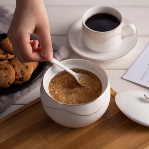 Vista 2 de KITCHENDAO Azucarero de porcelana con tapa y cuchara, sin polvo, recipiente de cerámica para encimera, cocina, café, lavavajillas, horno