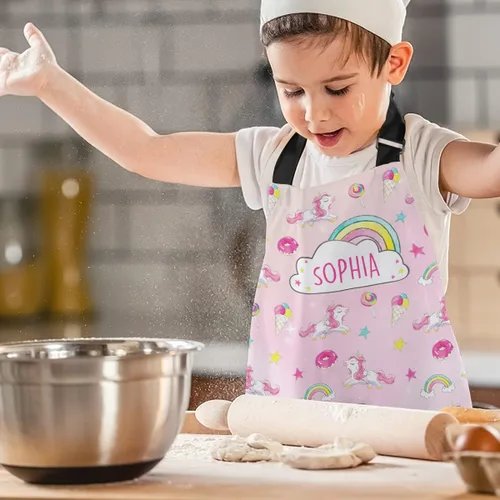 Vista 4 de winorax Delantal de unicornio para niñas y niños personalizado lindo patrón de unicornio delantales ajustables delantales para asar a la parrilla