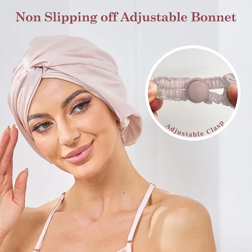 Vista 44 de Gorro de satén de seda ajustable para envolver el cabello para dormir, gorro de dormir de doble capa, turbante nocturno para cabello largo y rizado