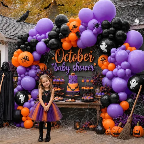 Vista 2 de Kit de arco de globos de color morado y naranja, guirnalda de globos de doble relleno, color morado y naranja quemado, negro, para Halloween