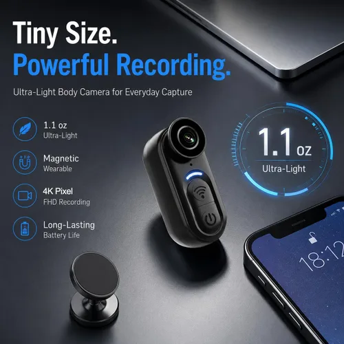 Vista 4 de Mini cámara corporal portátil 4K – Cámara de acción magnética tamaño pulgar de 64 GB, estabilización de 6 ejes, grabación de audio/video, POV manos