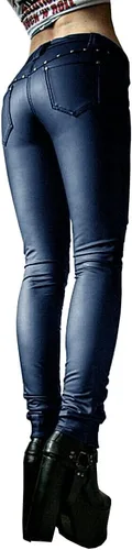 Vista 3 de Leggings de piel sintética para mujer, estilo gótico, punk, ajustados, de piel sintética, de tiro medio, con tachuelas, pantalones ajustados