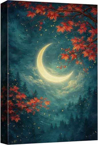 Vista 26 de SIGNFORD - Cuadro en lienzo para pared, silueta de bosque con estrellas azul marino y verde azulado, naturaleza, fotografía, realismo, decoración