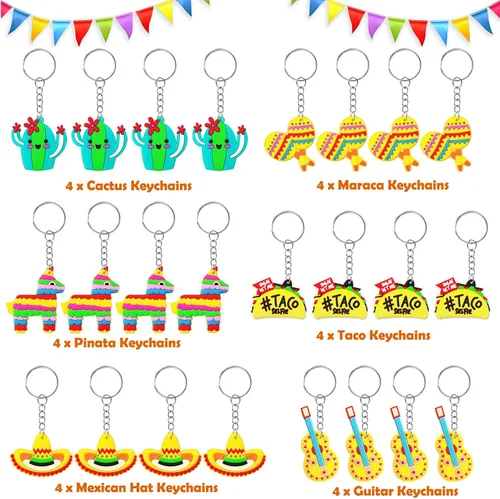 Vista 3 de CiciBear Paquete de 24 llaveros de regreso de fiesta mexicana con piñata, sombrero, cactus, taco, guitarra y maraca para fiesta mexicana, fiesta