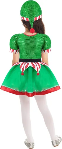 Vista 4 de YiZYiF Disfraz de elfo de Navidad para niños y niñas, fiesta de vacaciones, vestido de cosplay con lentejuelas, trajes festivos
