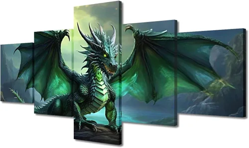 Vista 69 de Lienzo decorativo para pared de sala de estar, lienzo de dragón, 5 paneles, dragón verde, decoración de pared para el hogar, decoración de pared