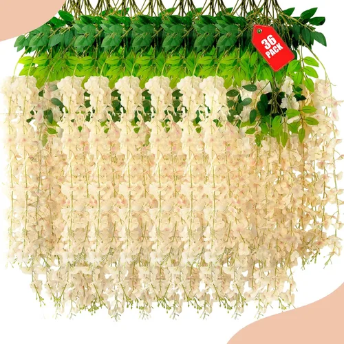 Vista 31 de Paquete de 12 flores colgantes de glicina rosa, flores colgantes falsas de 3.44 pies, guirnalda de glicina artificial para decoración de boda, telón