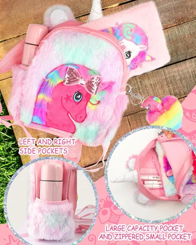 Vista 5 de LSSAGOON Mochila de felpa de unicornio para niñas, bonita bolsa de libro escolar de piel sintética suave, mochilas Kawaii esponjosas para niños.