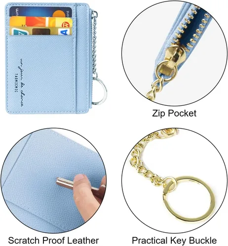 Vista 83 de URAQT Cartera para tarjetas de crédito, cartera minimalista de cuero delgado con cremallera, mini protector de tarjeta de crédito, llavero bolsillo