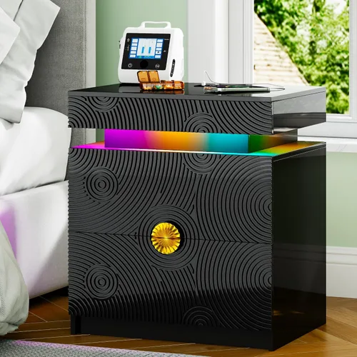 Vista 16 de Gurexl Mesita de noche inteligente con altavoz Bluetooth, moderna mesita de noche con luces LED RGB y estación de carga inalámbrica, soporte