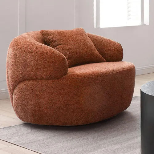 Vista 3 de Silla giratoria naranja con forma de barril, moderno círculo redondo individual con almohada para sala de estar, dormitorio, espacio pequeño, tela