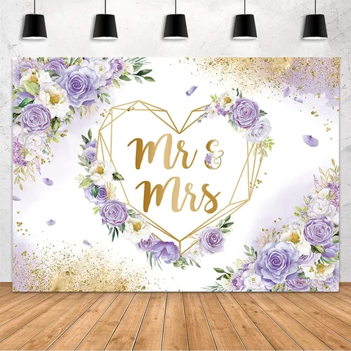 Vista 8 de MEHOFOND Telón de fondo de 7 x 5 pies para despedida de soltera, fondo floral azul y blanco, corazones geométricos para parejas, decoración
