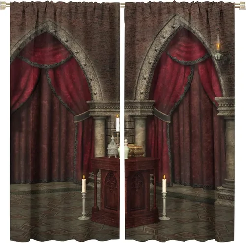 Vista 15 de Cortinas góticas con diseño de luna de Halloween, historia, puerta espeluznante, fondo de terror, vela, ficción, patrón de impresión, sala de estar