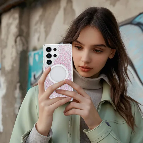 Vista 467 de Bonoma - Funda compatible con Samsung Galaxy S21 Plus, diseño de corazón con purpurina, color rosa Support for MagSafe, Plating Magnetic Case TPU