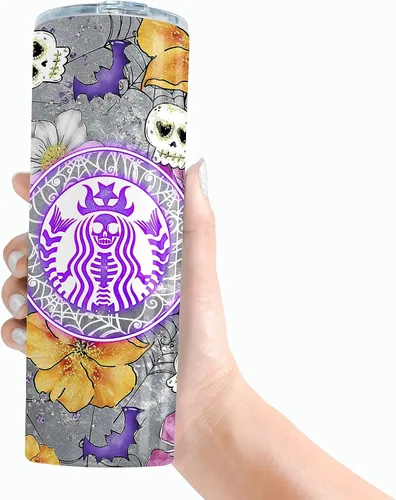 Vista 2 de Vaso de Halloween con tapa y pajita, taza de viaje para café con texto en inglés "Trick Or Treat", taza de viaje para café, bruja fantasma