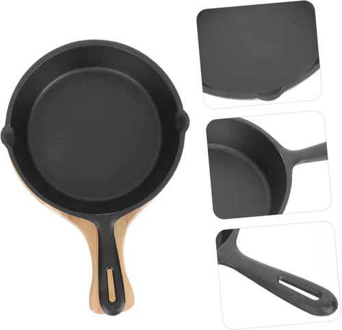 Vista 8 de Sartén antiadherente de hierro fundido grueso con mango y tabla de madera, sartén para cocinar carne y huevos para el hogar, cocina, conducción