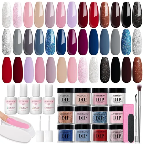 Vista 23 de AzureBeauty - Kit de 31 piezas de polvo de inmersión para uñas, otoño, invierno, rojo y verde con purpurina
