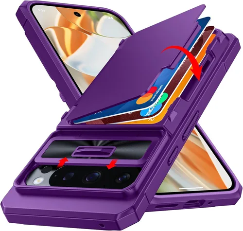 Vista 15 de CENMASO - Funda para Google Pixel 9 Pro XL con tarjetero (4 tarjetas), funda deslizante para cámara y función atril, bloqueo RFID, protección