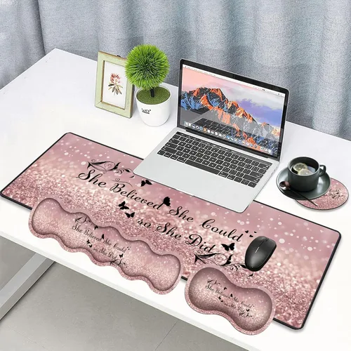 Vista 2 de Alfombrilla de mouse grande para juegos, reposamuñecas para teclado + almohadilla de muñeca para mouse + juego de posavasos extendido impermeable
