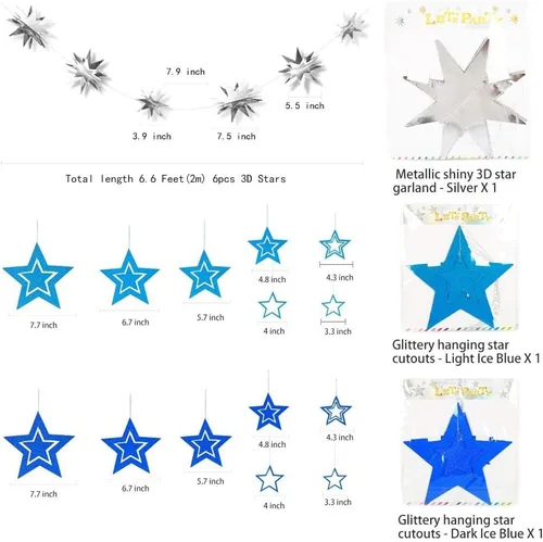 Vista 2 de Decor365 Guirnalda de estrellas azules colgantes 3D con purpurina de estrella pequeña, suministros de fiesta azul marino brillante para baby shower