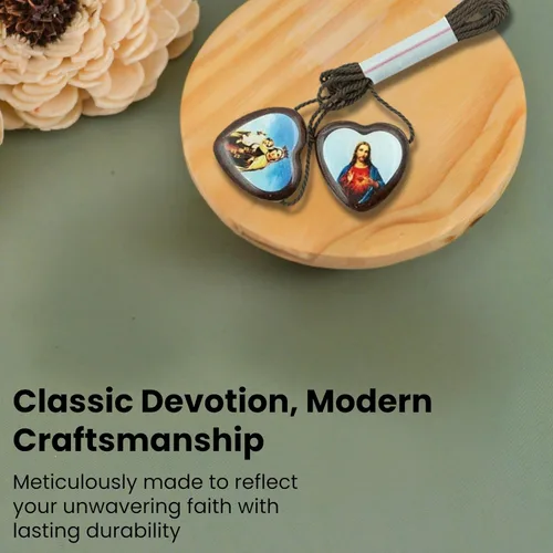 Vista 9 de Catholica Shop Escapularios de madera con cordón marrón con medallas Sagrado Corazón de Jesús y Nuestra Señora del Monte Carmelo. Escapularios