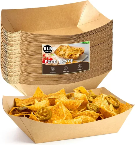 Vista 10 de ZORRITA - Bandejas de papel para comida de 3 libras - Pack de 50 bandejas desechables para nachos, bandejas de papel kraft para tacos, cestas
