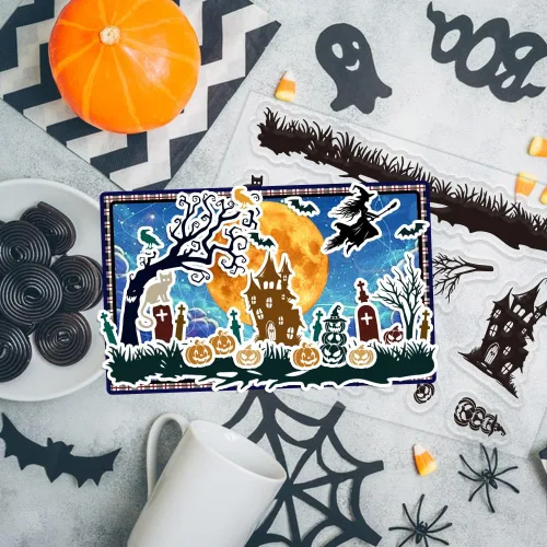 Vista 5 de ORIGACH Escenas de Halloween, sellos transparentes y troqueles de corte para hacer tarjetas, juego de sellos de silicona transparente de Halloween