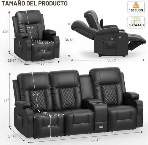 Vista 2 de YONISEE - Juego de sofá reclinable moderno - Sofá de 3 asientos y 1 silla reclinable giratoria con calor y masaje para sala de estar (3+1)