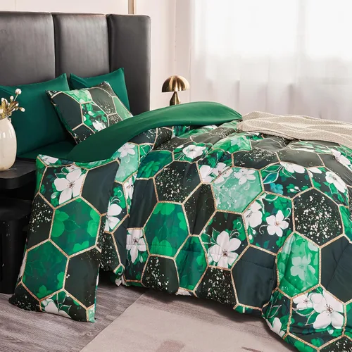 Vista 16 de ZRNBAST - Juego de edredón de nido de abeja negro de tamaño completo de 7 piezas, ropa de cama hexagonal suave y ligera, de mármol para todas