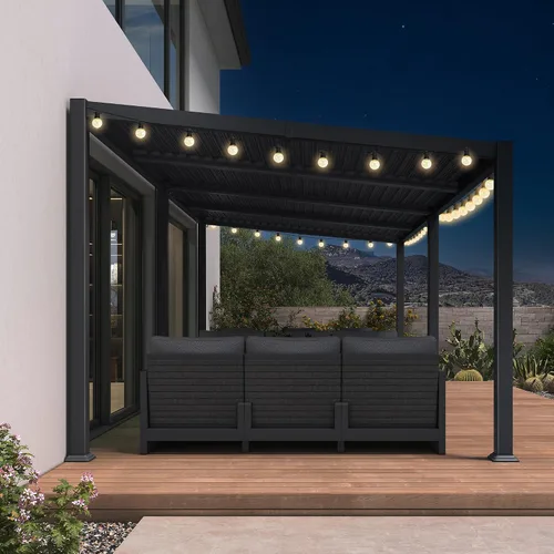 Vista 31 de PURPLE LEAF Pérgola con listones de techo rígido de 8 x 10, pérgola de aluminio para patio al aire libre con techo ajustable a prueba de lluvia