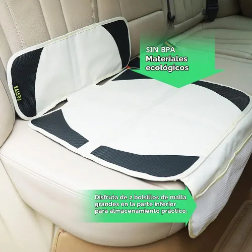 Vista 4 de Protector de asiento de coche beige para bebé y niño – Funda impermeable antideslizante para asiento de automóvil con 2 bolsillos de malla