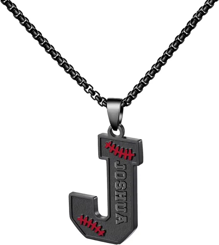 Vista 30 de Ldurian Collar personalizado con nombre de béisbol, cadena negra de acero inoxidable, collar con nombre deportivo, letra A-Z de 24 pulgadas, regalos
