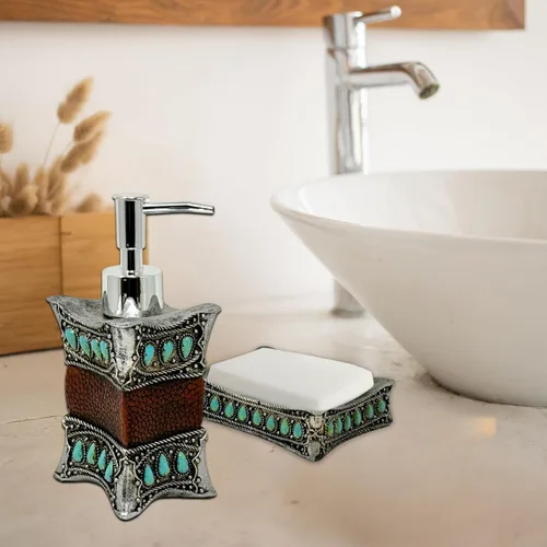 Vista 8 de Juego de baño rústico de 3 piezas, kit de decoración de piel sintética y resina turquesa